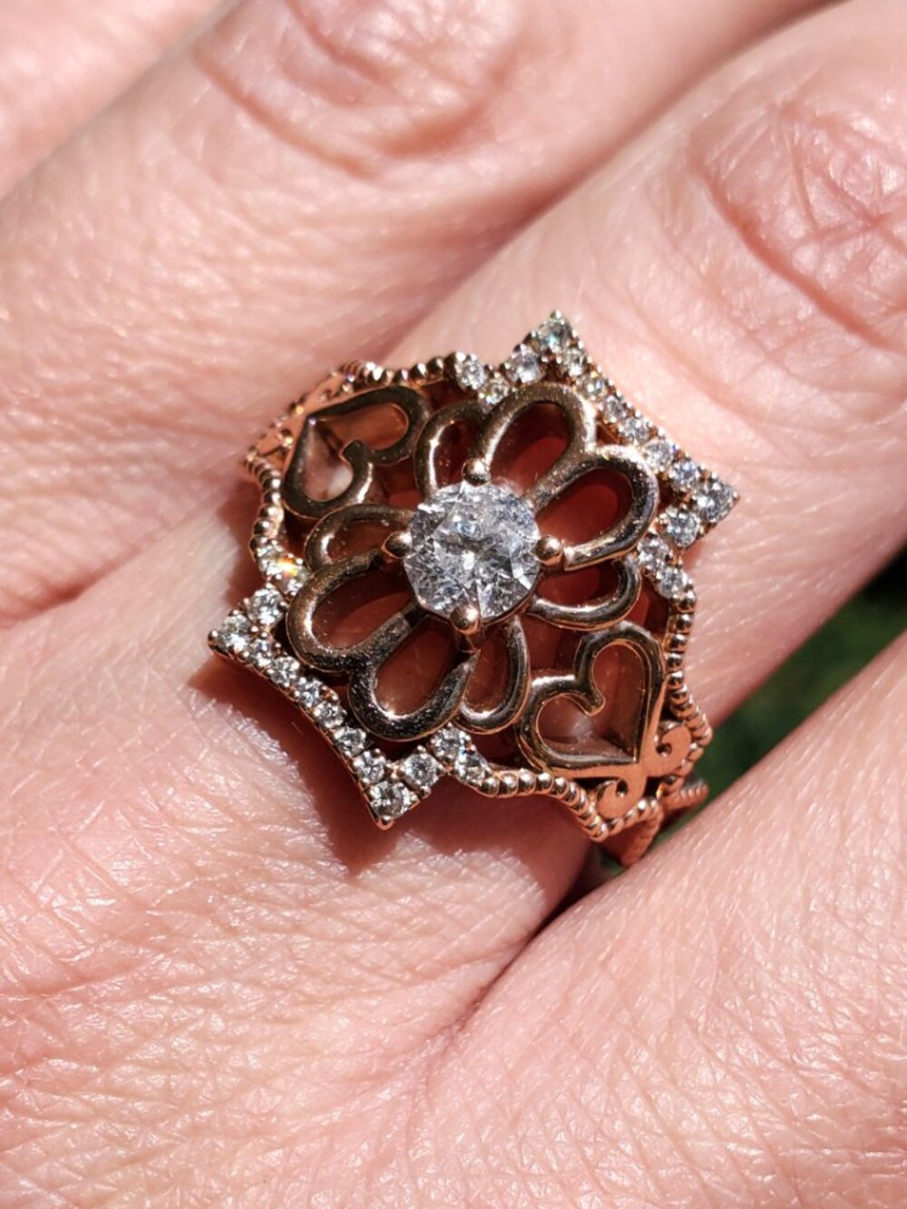 10K Rose Gold Diamond Flower Ring 0.65 CTW Round Diamonds Floral Filigree SZ 10 - Picture 10 of 16